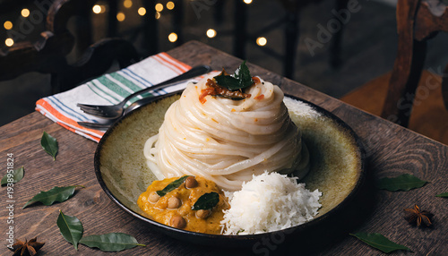 Noolputtu Indian steamed rice noodles with coconut and curry