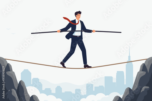 Businessman walking on a tightrope over a city skyline, balancing with a pole between two mountains. Concept of business risk, challenge, investment protection, and overcoming difficulty for success.