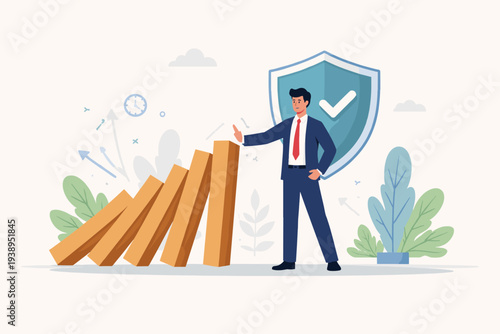 Professional Businessman Stopping Falling Domino Blocks to Prevent Crisis and Manage Risk. Concept of Business Protection, Investment Security, and Strategic Solution with Shield Icon and Growth.