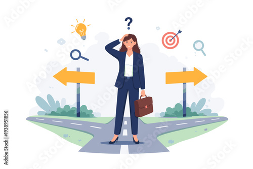 Businesswoman at a crossroad making a difficult career decision choice between two paths with directional arrows, question mark, lightbulb, and target icons for success, goals, and opportunity.