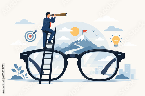 Businessman standing on ladder on giant glasses looking through telescope at mountain peak with flag, target, and lightbulb, representing business vision, clarity, strategy, and success.