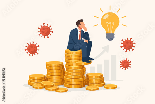 Businessman Sitting on Stack of Gold Coins Looking at Glowing Lightbulb Idea During COVID-19 Coronavirus Pandemic, Investment Opportunity, Financial Success, and Business Strategy Concept