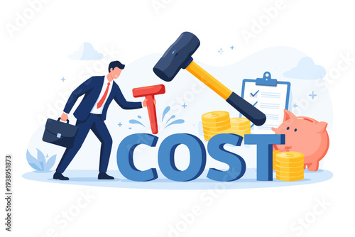 Businessman using a large hammer to cut the word cost, illustrating cost reduction strategies, budget management, financial savings, and expense deduction for business efficiency and profit.