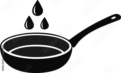 Solid black frying pan icon with long handle, steam rising and three oil-water 