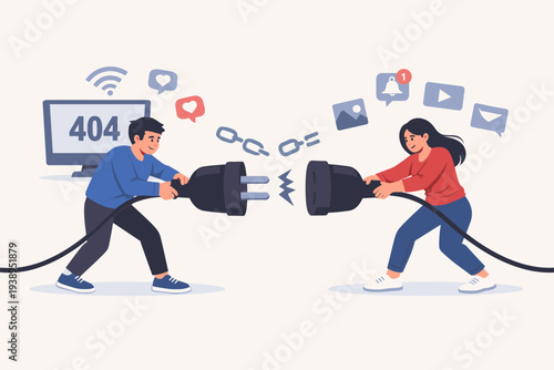 People Disconnecting Large Power Plug and Socket, Broken Communication Concept, 404 Error on Monitor, Social Media Distraction, Digital Detox, Offline Life, Internet Connection Problem Vector.