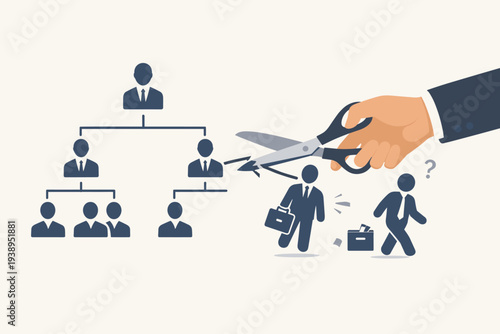 Downsizing and Layoff Concept with a Hand Cutting an Organizational Chart with Scissors, Representing Employee Contract Termination, Job Loss, Redundancy, Dismissal, and Workforce Restructuring.