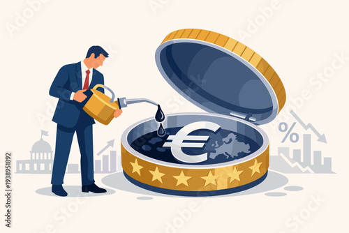 Businessman pouring oil into a large Euro coin mechanism representing European central bank monetary policy, financial stimulus, economic management, and inflation control in the EU market.