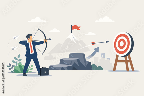 Businessman in suit aiming bow and arrow at target bullseye for success and goal achievement concept, growth mindset and ambition to reach business objectives with mountain peak and city background
