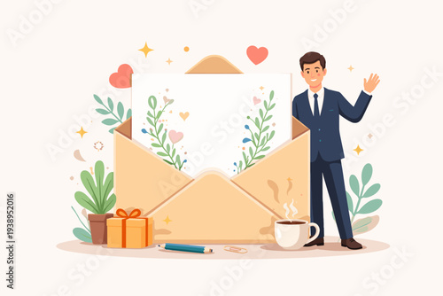 Businessman Waving Next to a Large Envelope with a Blank Greeting Card, Floral Accents, Gift Box, and Coffee, Representing Professional Appreciation, Gratitude, and Communication for Clients.