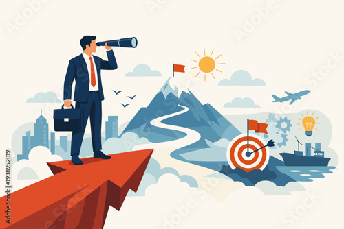 Visionary businessman standing on a rising arrow looking through a telescope at a mountain peak, symbolizing leadership, strategic planning, career growth, and finding the path to success.