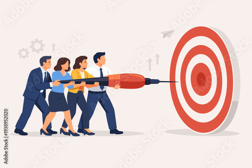 Team of business professionals working together to hit a bullseye target with a giant dart, representing teamwork, collaboration, shared mission, and achieving corporate goals in the workplace.