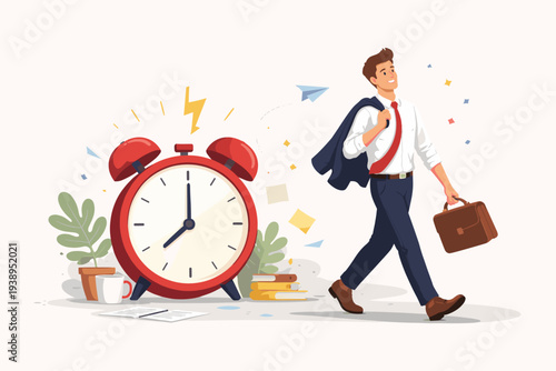 Happy Businessman Resigning from Full Time Job and Walking Away from Large Alarm Clock, Concept of Career Freedom, Independence, Quitting Work, Starting New Life Chapter, Vector Illustration