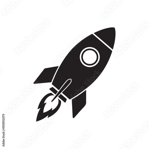 Black silhouette of a rocket ship with flames launching into space  a symbol of innovation and exploration