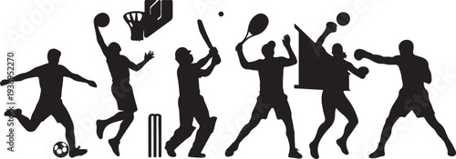 Diverse Sports Player Silhouettes Vector Collection. Isolated Black Sportsmen Icons for Design isolated PNG with Transparent Background