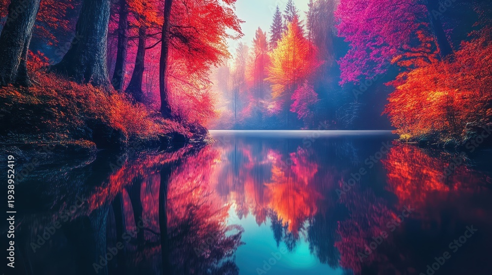 Fototapeta premium Vibrant Autumn Forest Trees Reflected in a Still Calm Lake on a Misty Morning Showcasing Natural Beauty