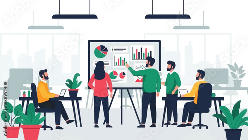 Team Discussing Business Data on Whiteboard.