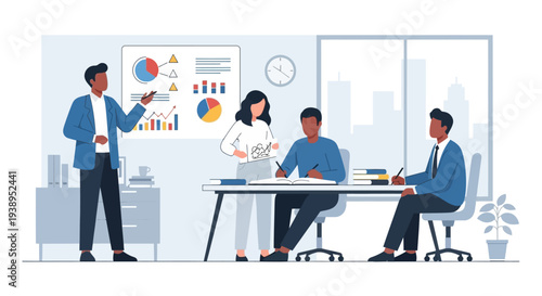 Business Team Meeting with Presentation and Discussion.