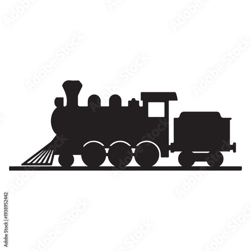 Black silhouette of a steam train engine with a carriage on a track  side view  no background