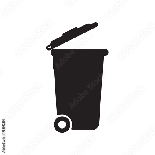 Black silhouette of a trash can with one wheel and open lid on white background  waste management symbol