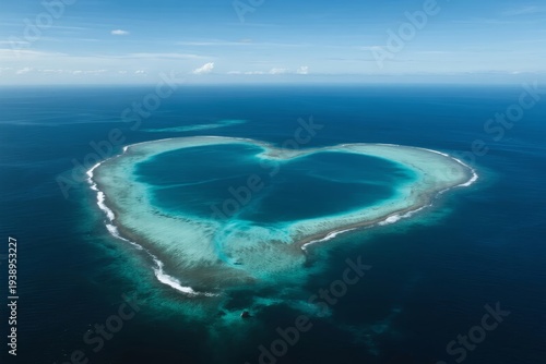 Aerial view of a heart-shaped coral atoll in the ocean with turquoise waters and surrounding deep blue sea