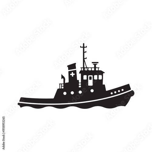 Black silhouette of a tugboat with a medical cross on the smokestack and a flag on the back  sailing on wavy water