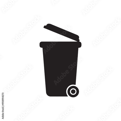 Black trash can with lid open and wheel on right side  waste bin icon