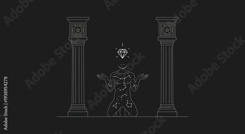 Abstract Figure Kneeling Under Diamond, Seeking Enlightenment, Two Pillars, Dark Background