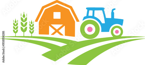 Orange barn blue tractor green crops isolated on transparent background. Farmhouse tractor wheat isolated on transparent background