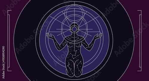 Abstract Figure in Cosmic Circle with Geometric Patterns and Stars