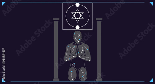Celestial man praying under cosmic symbols, spiritual connection