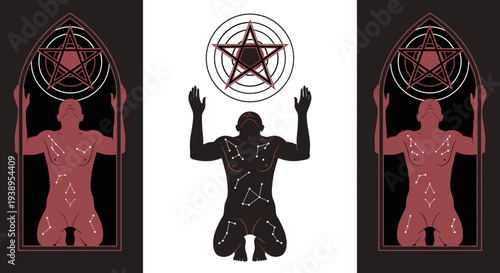 Mystical Man Kneeling Under Pentagram and Constellations