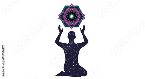 Silhouette of person with cosmic patterns, hands raised to geometric nebula