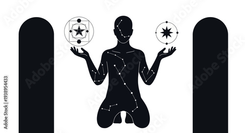 Celestial Being Silhouette Kneeling with Cosmic Symbols