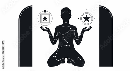 Mystical Figure Meditating with Celestial Symbols and Constellations