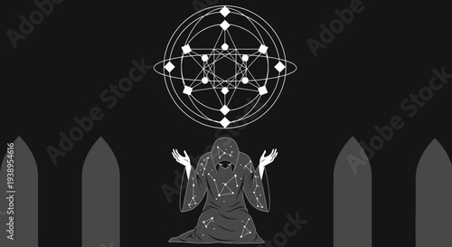 Mystical Ritual: Figure Praying Under Sacred Geometry Circle