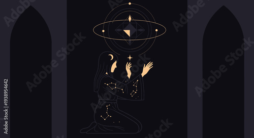 Mystical Woman Praying Under Celestial Constellations and Sacred Geometry