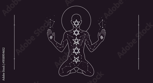 Meditating figure with chakras and cosmic elements, spiritual enlightenment, yoga