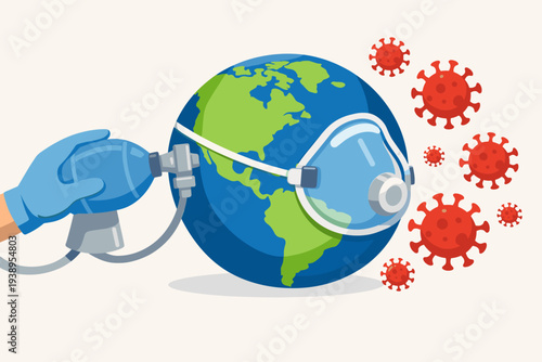Planet Earth Wearing Oxygen Mask with Gloved Hand Using Manual Resuscitator Bag to Provide Air, Surrounded by Red Coronavirus Particles During the Global COVID-19 Pandemic Health Crisis Concept
