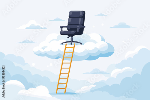 Career Success and Job Promotion Concept Featuring an Office Chair on a Cloud with a Ladder, Representing Management Opportunity, Leadership Goals, Ambition, and Reaching the Top of the Corporate