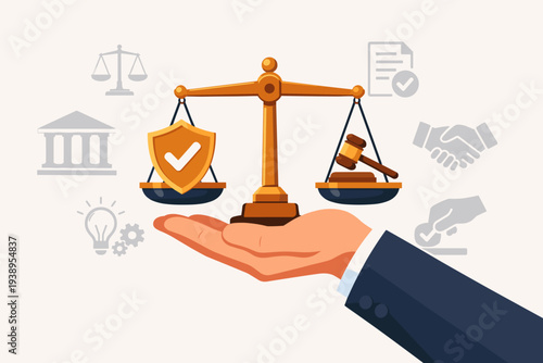 Corporate Governance and Legal Compliance Concept with Businessman Hand Holding Scales of Justice, Gavel, and Protection Shield for Ethical Business Regulation, Integrity, and Moral Fairness.