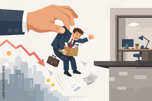 Businessman Fired and Thrown Out of Office by Giant Hand During Economic Recession and Financial Crisis, Concept of Job Loss, Unemployment, and Company Downsizing Due to Global Pandemic