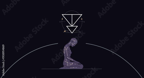 Abstract Silhouette Figure Meditating Under Geometric Symbol, Spiritual Concept