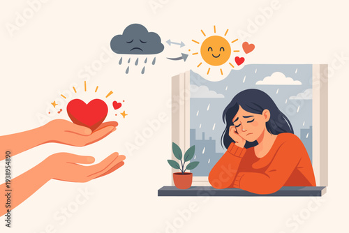 Empathy and compassion concept with hands offering a heart to a woman suffering from depression and anxiety, showing the transition from sadness to happiness and mental health support for healing.