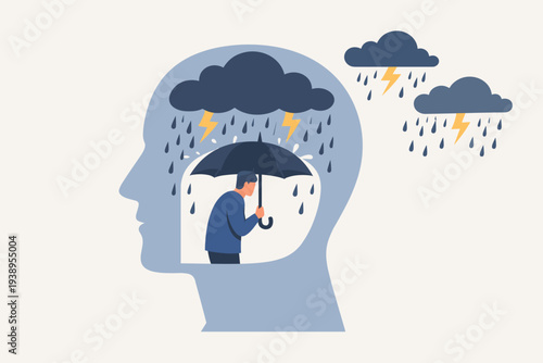 Mental Health Protection Concept with a Person Holding an Umbrella Inside a Human Head Silhouette During a Storm, Representing Depression, Anxiety Control, Therapy, and Psychological Support.