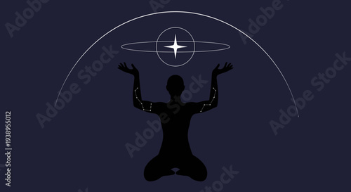 Silhouette of a person meditating with celestial energy and cosmic galaxy above