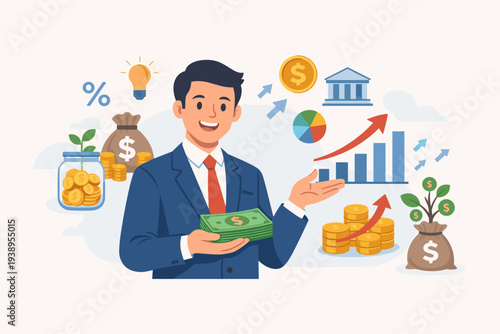 Professional financial advisor or investment consultant providing expert money advice on wealth management, business growth, and profit with stock market charts, coins, and bank icons.