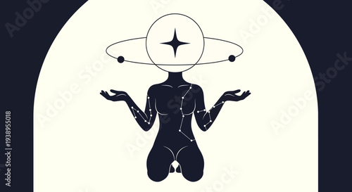 Cosmic Being Silhouette with Star Head and Orbiting Planets
