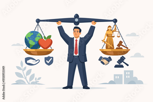 Businessman Holding Balance Scale with Globe Heart and Lady Justice Statue Representing Corporate Social Responsibility Business Ethics Integrity Moral Values Legal Compliance and Trust Concept