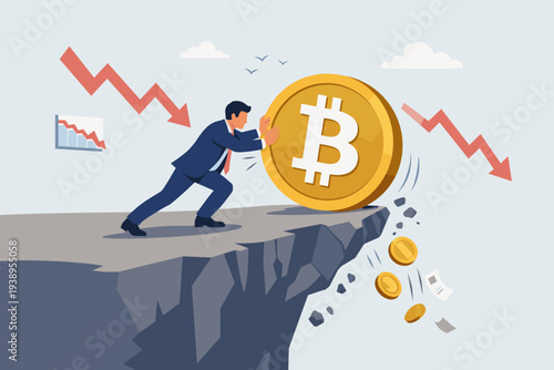 Businessman Pushing a Large Bitcoin Coin to Prevent it from Falling off a Cliff, Representing Cryptocurrency Market Crash, Financial Risk, Volatility, Price Fluctuation, and Economic Crisis.