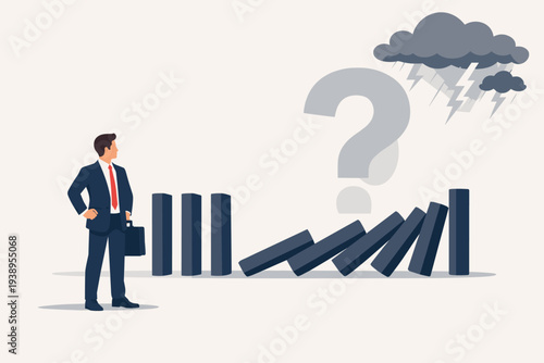 Businessman observing falling dominoes symbolizing economic crisis and business failure. Large question mark and storm cloud with lightning represent uncertainty, risk management, and threats.